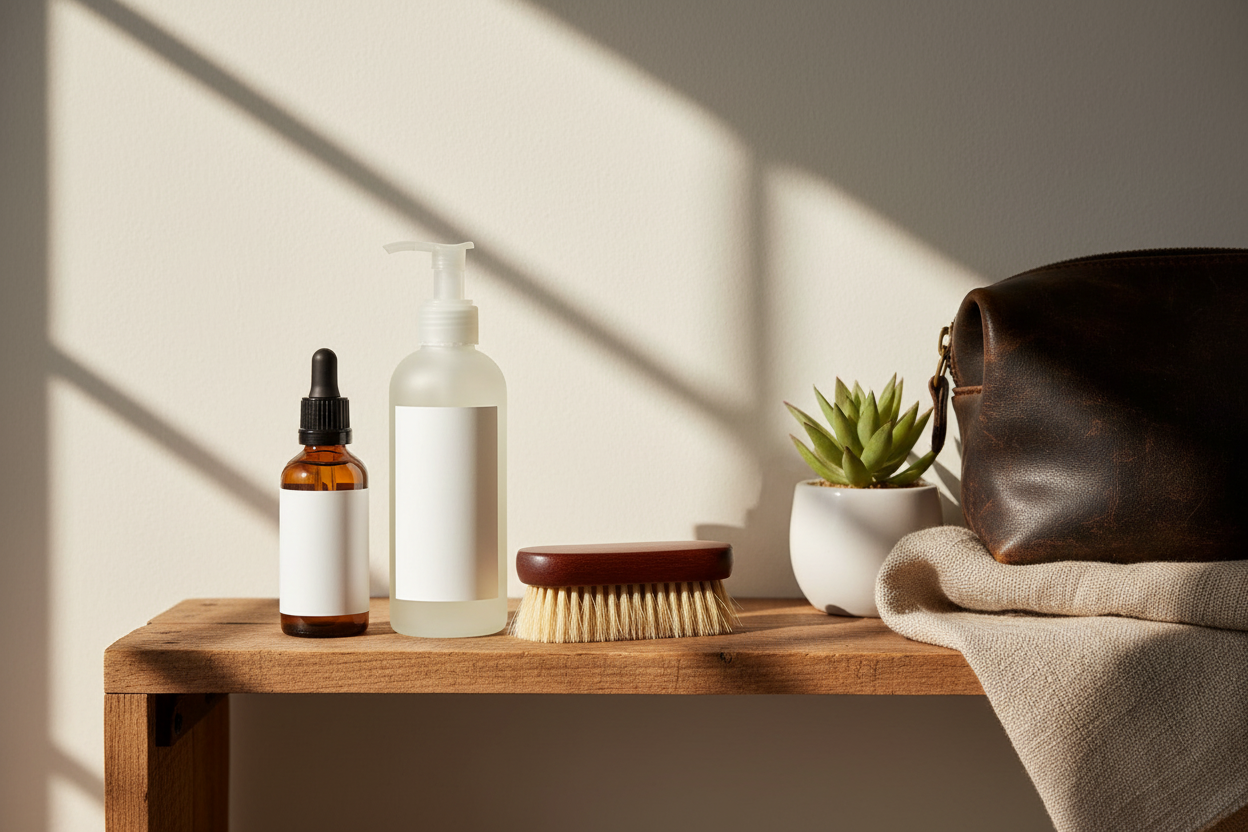 Warm natural lifestyle with dark leather wash bag
